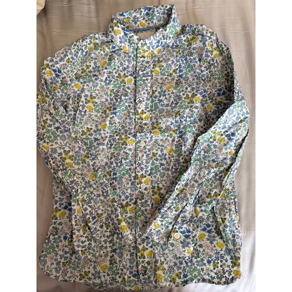 Mini Boden blue floral shirt with yellow chicks  size 10-11